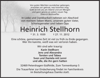 Anzeige von Heinrich Stellhorn von Mindener Tageblatt