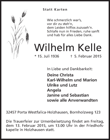 Anzeige von Wilhelm Kelle von Mindener Tageblatt