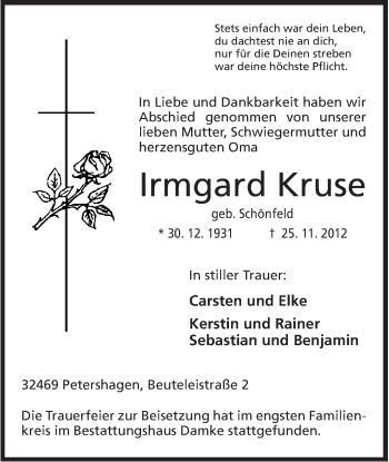 Anzeige von Irmgard Kruse von Mindener Tageblatt