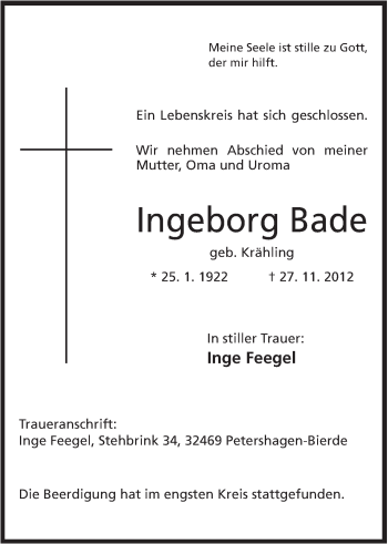 Anzeige von Ingeborg Bade von Mindener Tageblatt