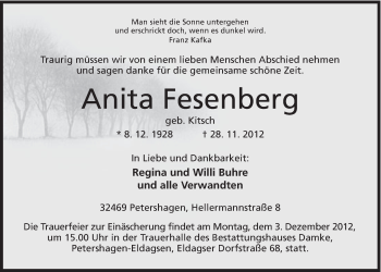 Anzeige von Anita Fesenberg von Mindener Tageblatt