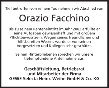 Anzeige von Orazio Facchino von Mindener Tageblatt