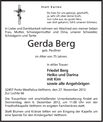 Anzeige von Gerda Berg von Mindener Tageblatt