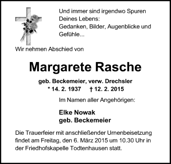 Anzeige von Margarete Rasche von Mindener Tageblatt