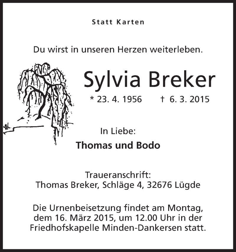  Traueranzeige für Sylvia Breker vom 10.03.2015 aus Mindener Tageblatt