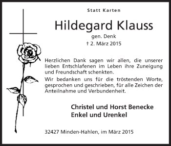 Anzeige von Hildegard Klauss von Mindener Tageblatt