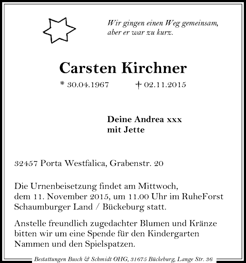  Traueranzeige für Carsten Kirchner vom 07.11.2015 aus Mindener Tageblatt