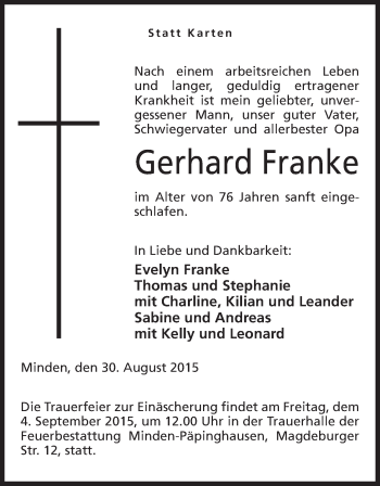 Anzeige von Gerhard Franke von Mindener Tageblatt