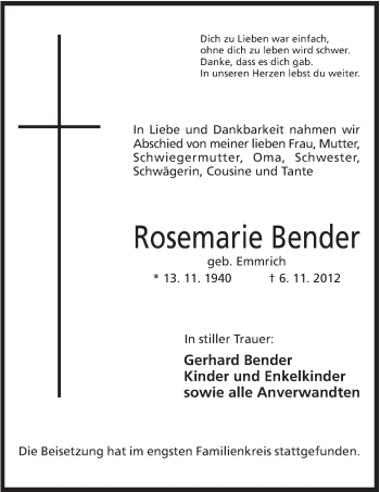 Anzeige von Rosemarie Bender von Mindener Tageblatt