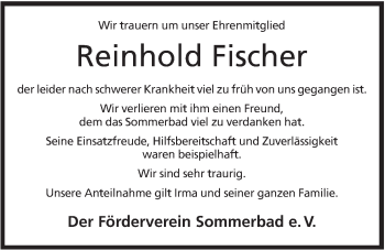Anzeige von Reinhold Fischer von Mindener Tageblatt