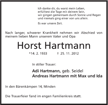 Anzeige von Horst hartmann von Mindener Tageblatt