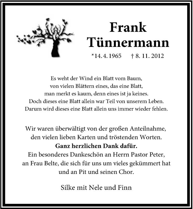  Traueranzeige für Frank Tünnermann vom 08.12.2012 aus Mindener Tageblatt