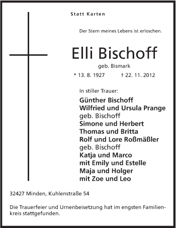 Anzeige von Elli Bischoff von Mindener Tageblatt