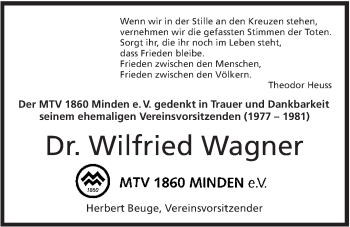 Anzeige von Wilfried Wagner von Mindener Tageblatt