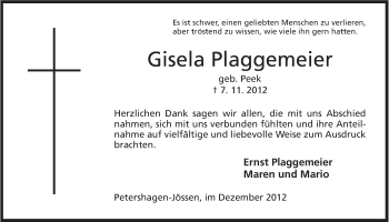 Anzeige von Gerda Plaggemeier von Mindener Tageblatt