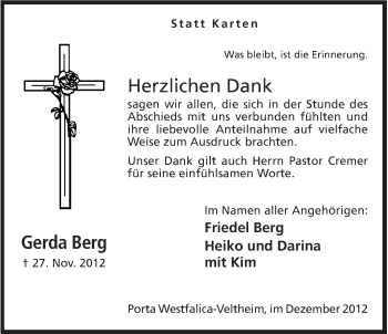 Anzeige von Gerda Berg von Mindener Tageblatt