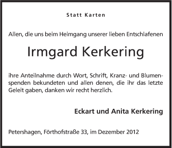 Anzeige von Irmgard Kerkering von Mindener Tageblatt