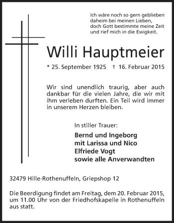 Anzeige von Willi Hauptmeier von Mindener Tageblatt