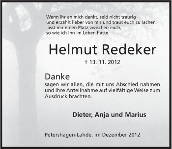 Anzeige von Helmut Redeker von Mindener Tageblatt