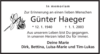 Anzeige von Günter Haeger von Mindener Tageblatt