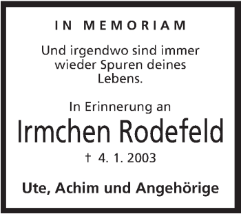 Anzeige von Irmchen Rodefeld von Mindener Tageblatt