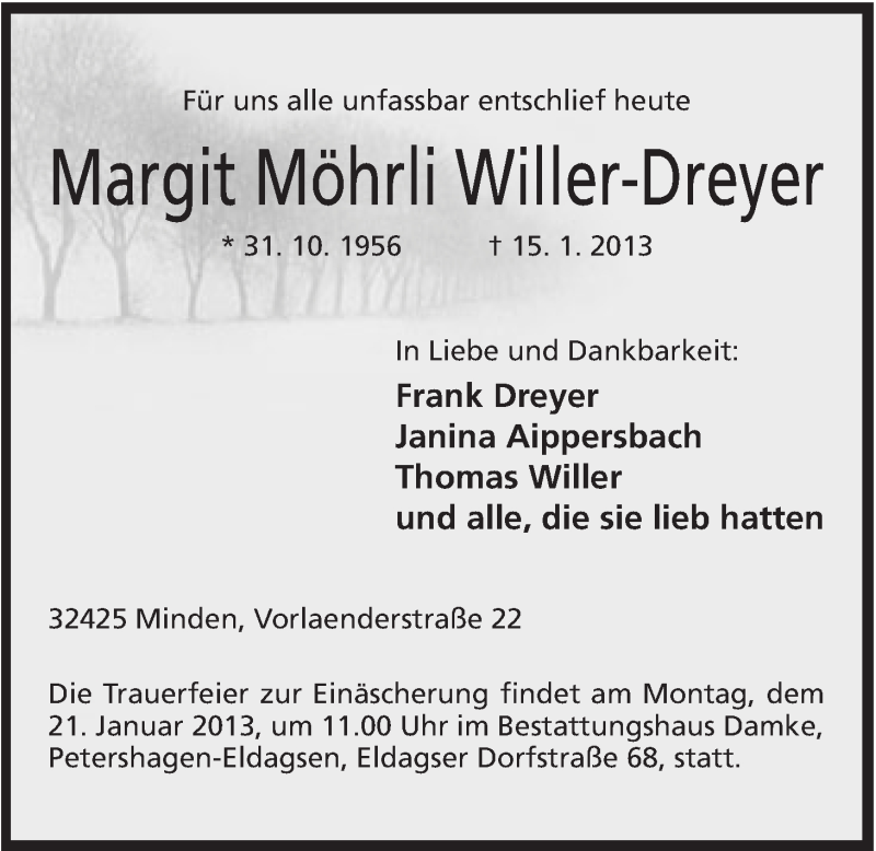  Traueranzeige für Margit Willer-Dreyer vom 17.01.2013 aus Mindener Tageblatt