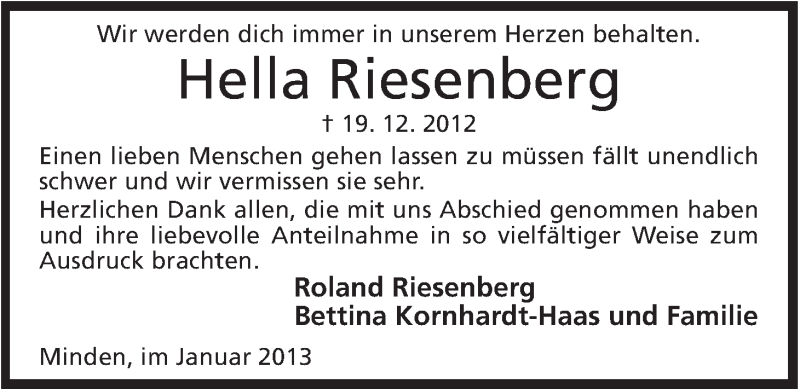  Traueranzeige für Hella Riesenberg vom 19.01.2013 aus Mindener Tageblatt