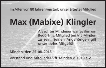 Anzeige von Max Klingler von Mindener Tageblatt