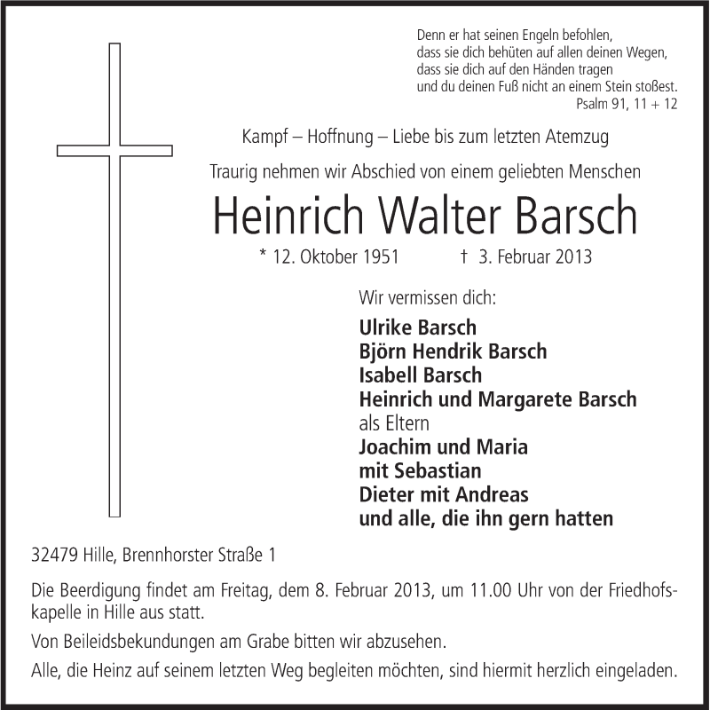  Traueranzeige für Heinrich Walter Barsch vom 04.02.2013 aus Mindener Tageblatt