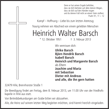 Anzeige von Heinrich Walter Barsch von Mindener Tageblatt