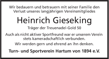 Anzeige von Heinrich Gieseking von Mindener Tageblatt