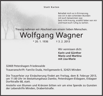 Anzeige von Wolfgang Wagner von Mindener Tageblatt