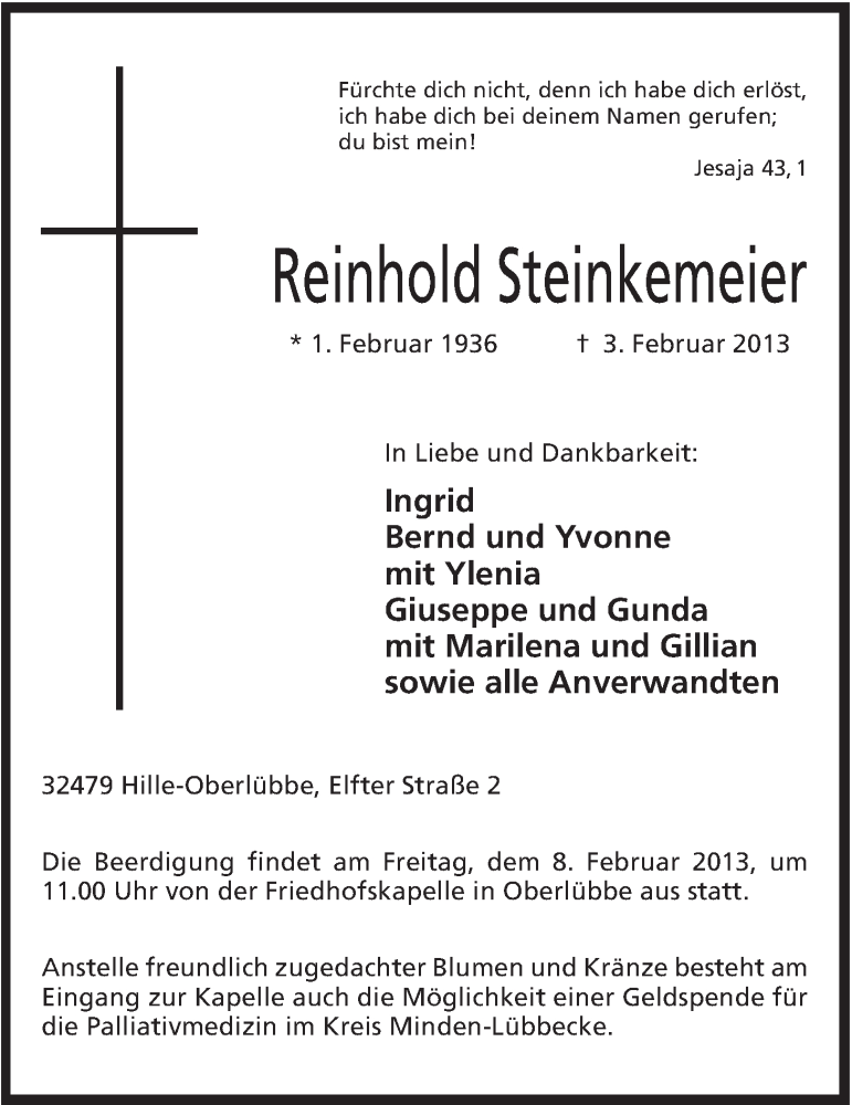 Traueranzeige für Reinhold Steinkemeier vom 05.02.2013 aus Mindener Tageblatt