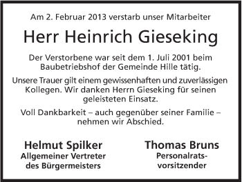 Anzeige von Heinrich Gieseking von Mindener Tageblatt
