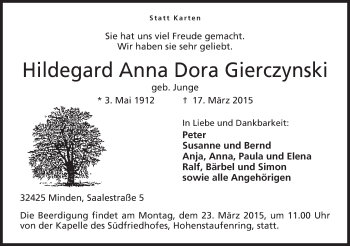 Anzeige von Hildegard Anna Dora Gierczynski von Mindener Tageblatt