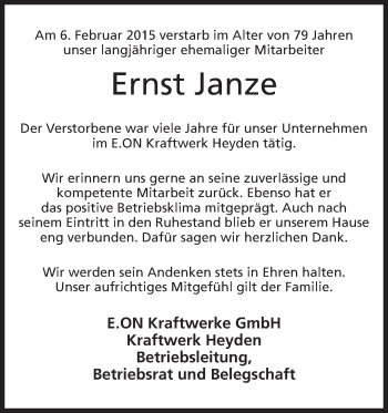 Anzeige von Ernst Janze von Mindener Tageblatt