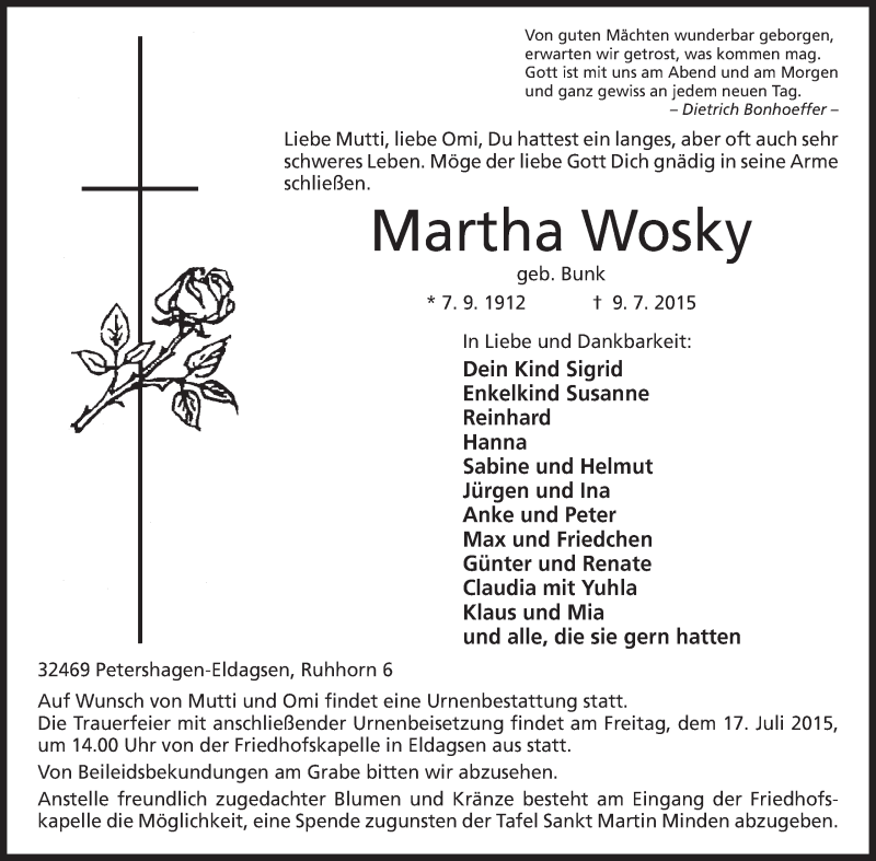  Traueranzeige für Martha Wosky vom 14.07.2015 aus Mindener Tageblatt
