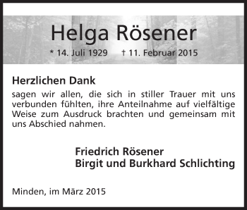 Anzeige von Helga Rösener von Mindener Tageblatt