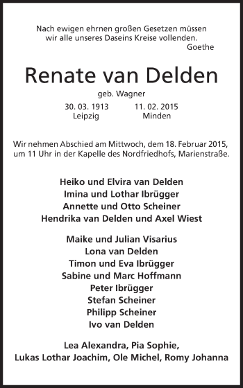 Anzeige von Renate van Delden von Mindener Tageblatt