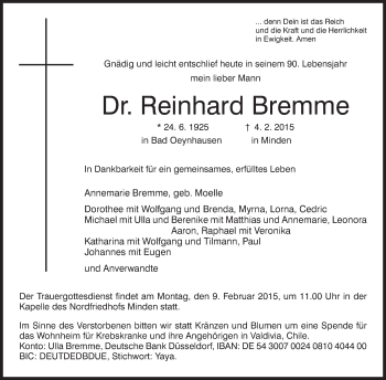 Anzeige von Reinhard Bremme von Mindener Tageblatt