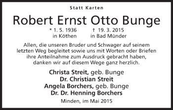 Anzeige von Robert Ernst Otto Bunge von Mindener Tageblatt