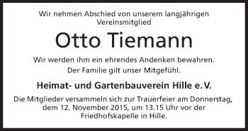 Anzeige von Otto Tiemann von Mindener Tageblatt