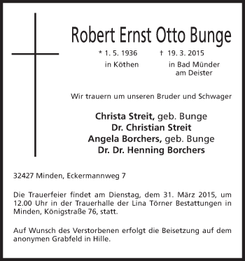 Anzeige von Robert Ernst Otto Bunge von Mindener Tageblatt