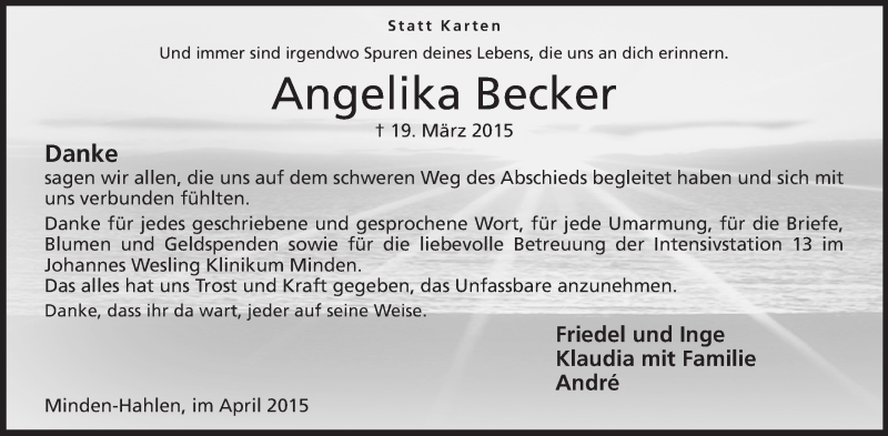  Traueranzeige für Angelika Becker vom 18.04.2015 aus Mindener Tageblatt