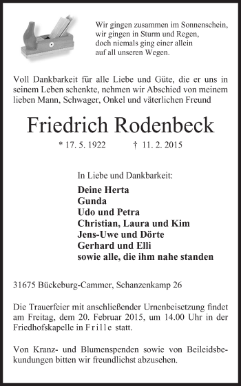 Anzeige von Friedrich Rodenbeck von Mindener Tageblatt