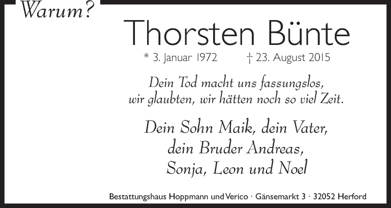  Traueranzeige für Thorsten Bünte vom 29.08.2015 aus Mindener Tageblatt