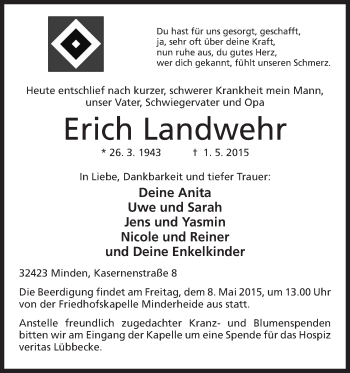 Anzeige von Erich Landwehr von Mindener Tageblatt