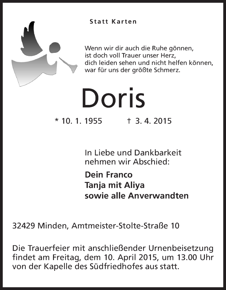  Traueranzeige für Doris  vom 08.04.2015 aus Mindener Tageblatt