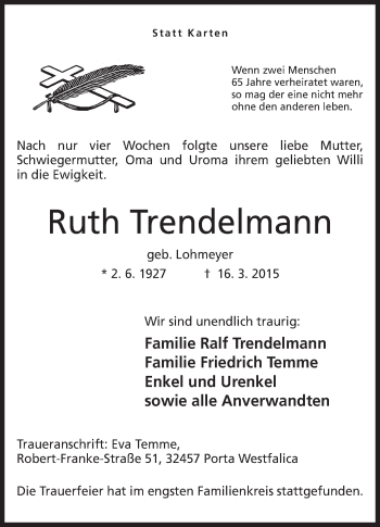 Anzeige von Ruth Trendelmann von Mindener Tageblatt