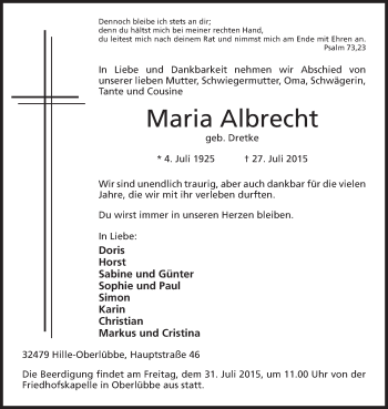 Anzeige von Maria Albrecht von Mindener Tageblatt